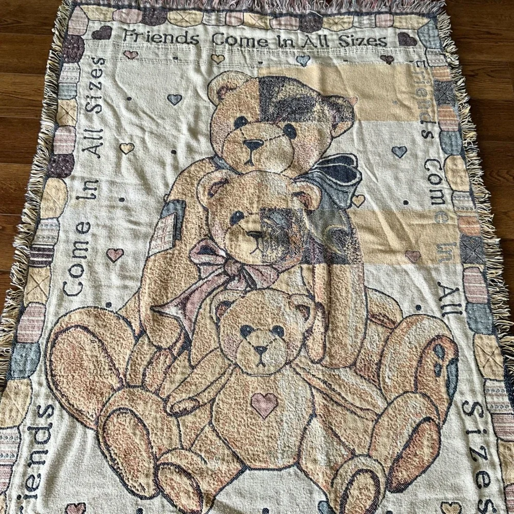 Vintage 1993 Priscilla Hillman Teddy Bear Woven Tapestry Throw Blanket 46x68